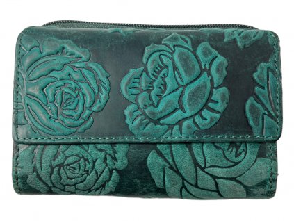 Dámská kožená peněženka s růží - zelená 3281