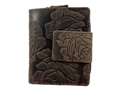 Dámská kožená peněženka s růží - hnědá 4414